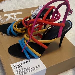 Zara Multicolor Strappy Suede High Heel Sandals - Pink, Red, Yellow, Blue